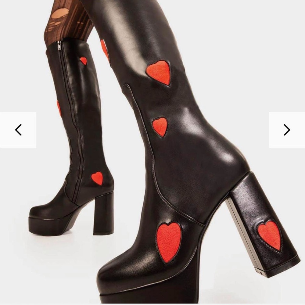 Black and Red Heeled Boots with Heart Accents